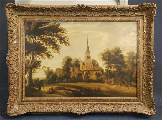 19th Century Flemish School Church in a landscape 15.75 x 23.25in.